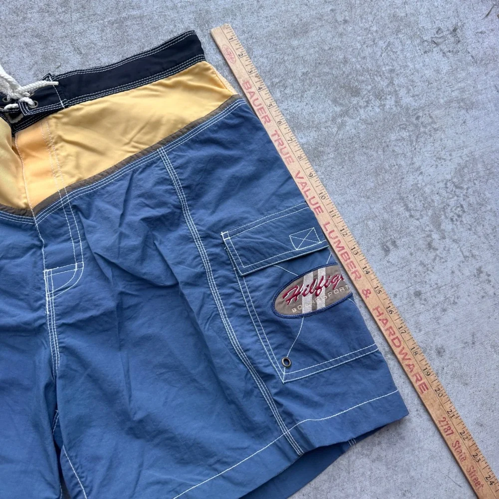 Vintage 90s Tommy Hilfiger Colorblock Board Shorts Blue Yellow Swim Trunks